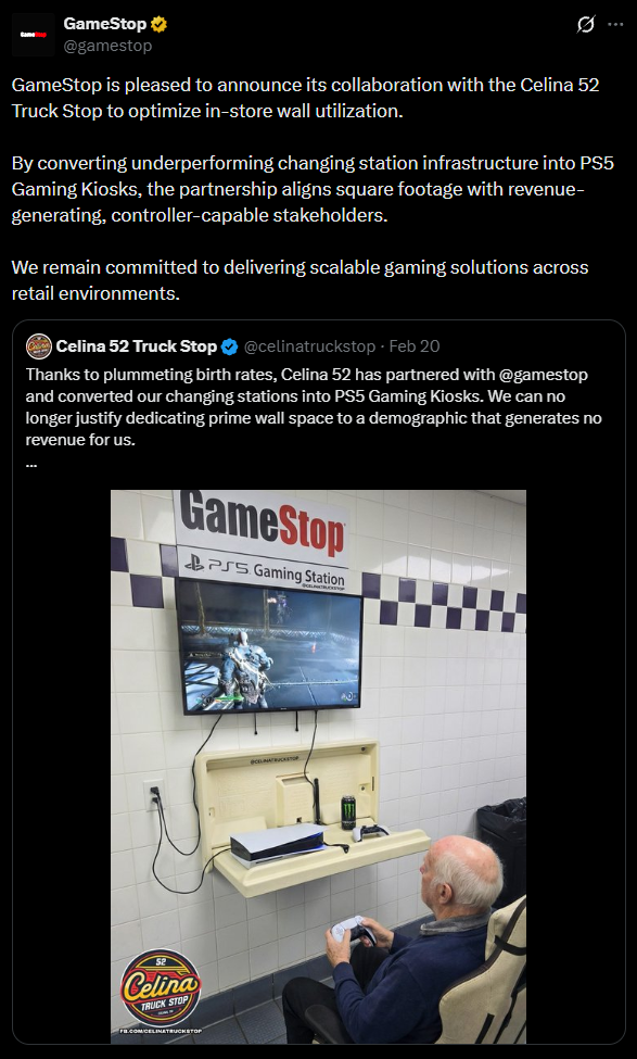 GameStop's official X post announcing the Celina 52 partnership, quote-tweeting Celina 52's original post about converting changing stations into PS5 Gaming Kiosks, with a photo of a PS5 kiosk mounted where a changing station used to be.